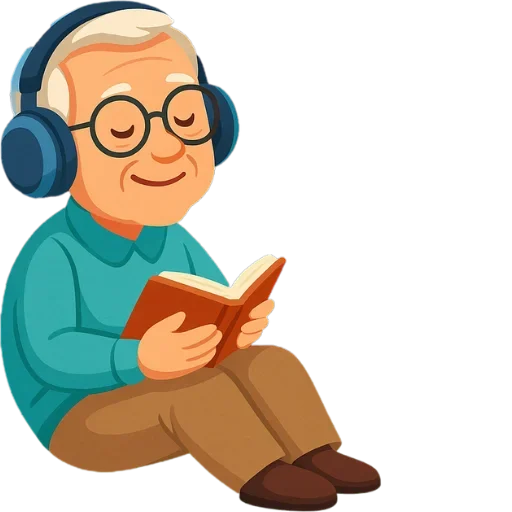 Left side elderly man relaxing with headphones and book