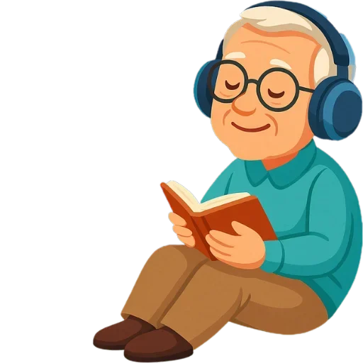 Right side elderly man relaxing with headphones and book