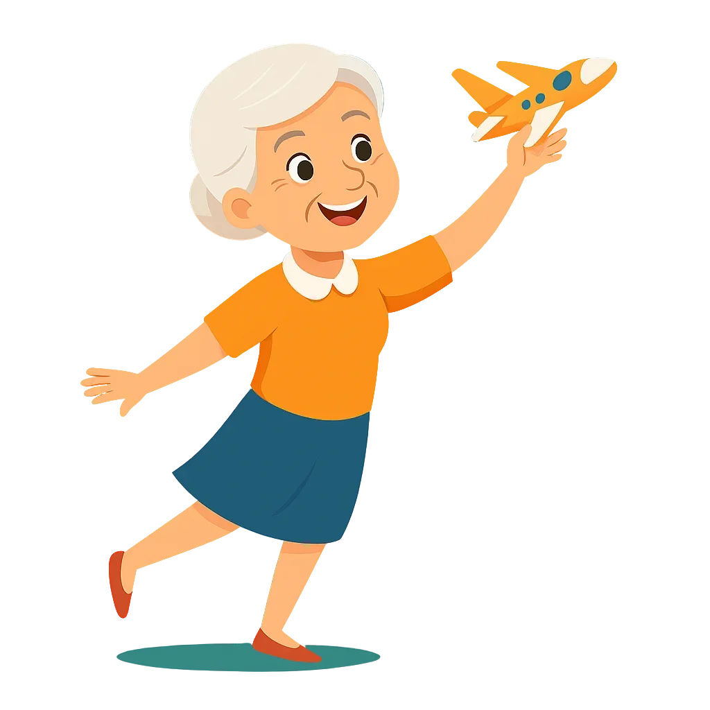 Joyful elderly woman with toy airplane lifelong learning fun seethrough